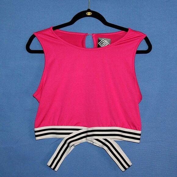 Zelos Neon Pink Crop Top - Women's Size XL - Striped Tie Hem - Picture 1 of 5